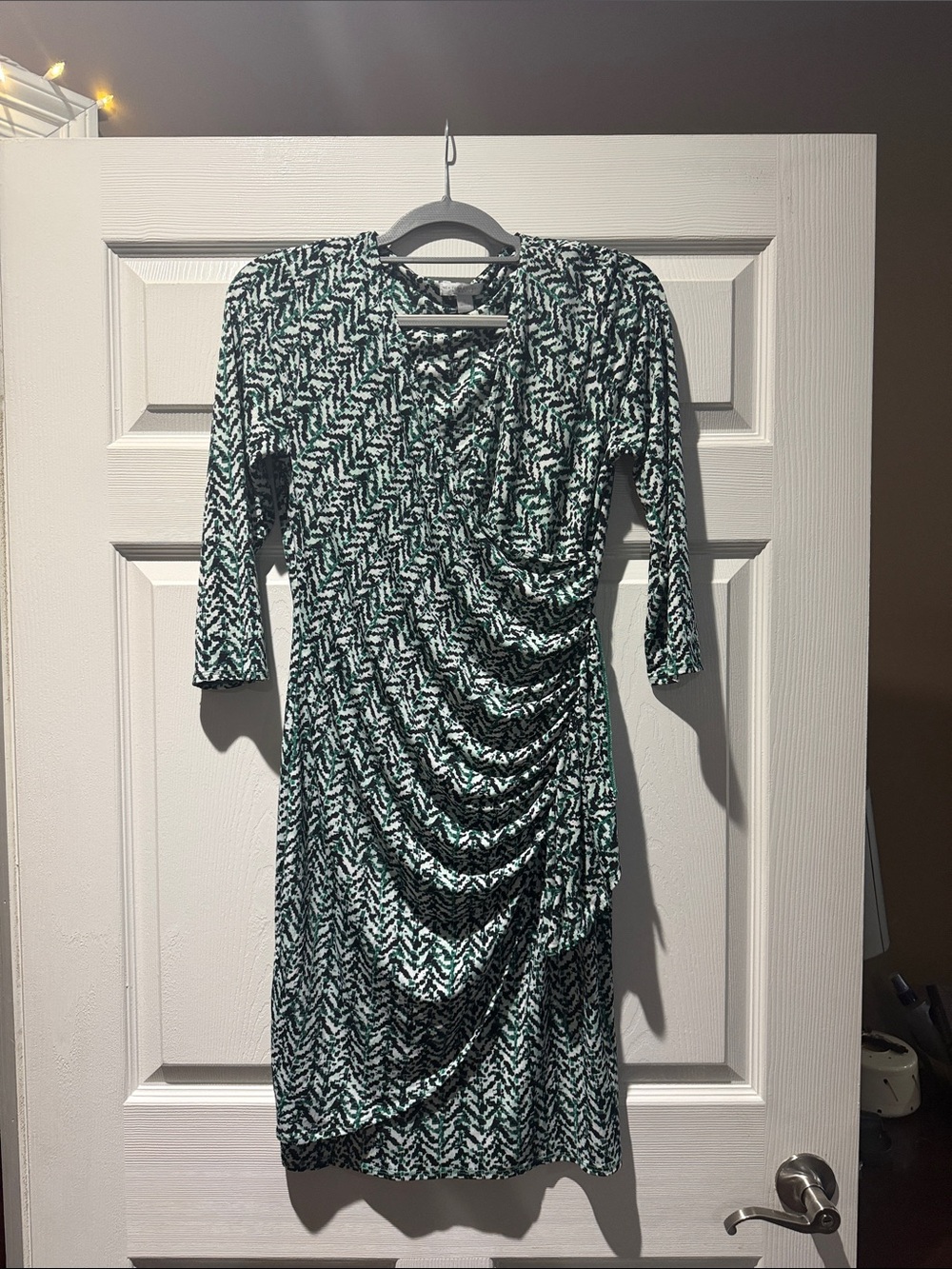 New York & Company Green and White Ruched Sheath Dress - Long Sleeve